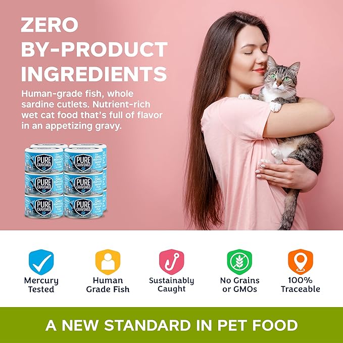Wet Cat Food Canned Tuna Cutlets in Gravy, 100% Mercury-Tested, Moist Can Fish for Cats, Grain-Free, Protein, Non-GMO, Pack of 12