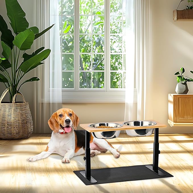 Elevated Dog Bowls,Cats and Dogs Raised Food Feeding Dishes with 2 Stainless Steel Bowls,3 Height Adjustable,Protects Spine,Prevent Vomiting,Anti-Mold Bamboo Stand Feeder Station