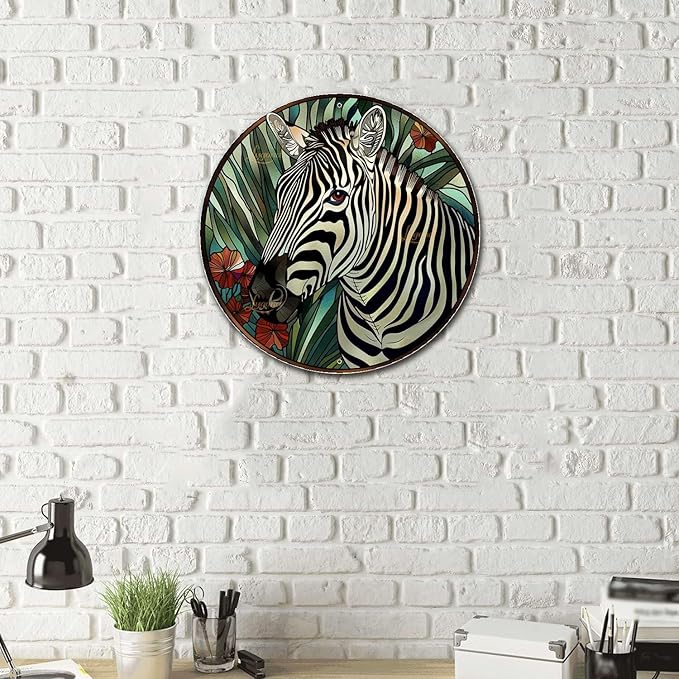 Lygond Metal Sign Tin Sign Circular Stained Glass Zebra Decor Outdoor for Garden 12×12 Inches