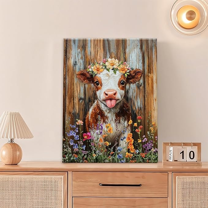 Funny Cow Bathroom Pictures Wall Art, Rustic Brown Cute Cow Bathroom Wall Decor, Farmhouse Floral Framed Painting Animal Flower Canvas Artwork for Bedroom Living Room Decorations 16"L x 12"W