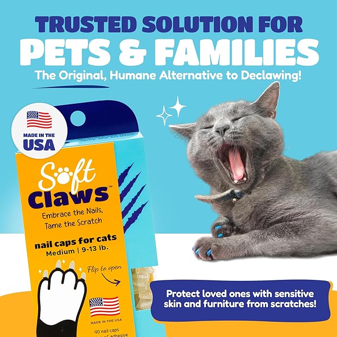 Soft Claws Cat Nail Caps for Medium Cats – (40 Caps, Blue & Gold) - Made in USA - Veterinarian-Developed | Protects Furniture & Skin - Easy to Apply, Long-Lasting Anti-Scratch Soft Cat Claw Covers