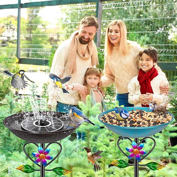 Vintage Metal Bird Bath for Outside, Standing Bird Feerder with Sunflower Love Decoration, Detachable Birdbaths Bowl for Outdoor Yard Lawn Garden Decor (A-Bule)