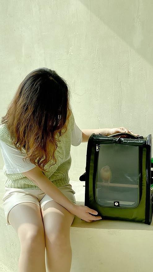 Birds Day Bird Carrier Backpack-Parrot Travel Cage with 2PCS Perch and Food Bowl, Stainless Steel Tray (Dark Olive Green)