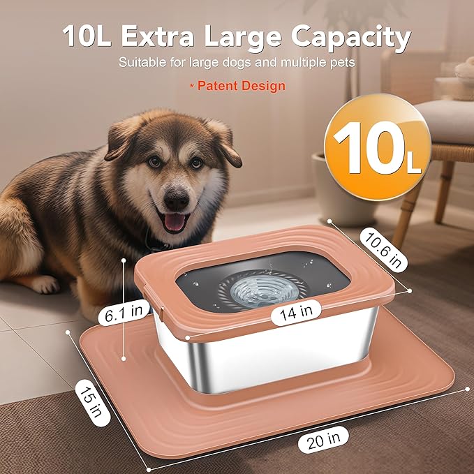 Decflow 10L Stainless Steel Dog Water Bowl, No Spill Anti-Splash Dog Bowls with XXL Silicone Mat, Spill-Proof Slow Feeder for Messy Drinkers, Heavy Duty Pet Bowls for Indoor/Outdoor Use Pink