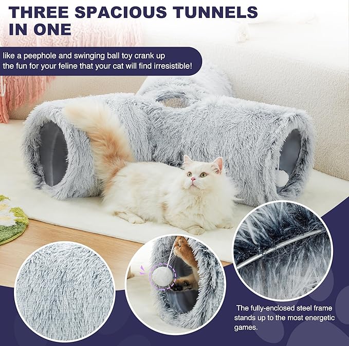 Tempcore Plush Pet Cat Tunnel Tube Cat Toys 3 Way Collapsible, Tunnels for Indoor Cats,Kitty Tunnel Bored Pet Toys Peek Hole Toy Ball Puppy, Kitty, Kitten, Rabbit Light Grey