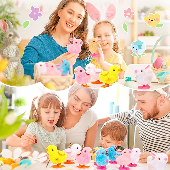 SevenQ Wind Up Toys for Kids Easter Basket Stuffers, 9Pcs Hopping Bunny Toys and Plush Chicks Jumping Small Fidget Toys for Easter Egg Fillers Goodie Bags Treasure Chest Party Favors Gifts