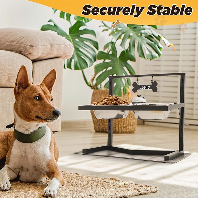 Grand Line Elevated Dog Bowls - 7 Height Adjustable, 10 Tilted Raised Stand With Spill Proof Mat, Two 1.5L Stainless Steel Food Water Bowls for Large Medium Small Dogs (15.4" H)