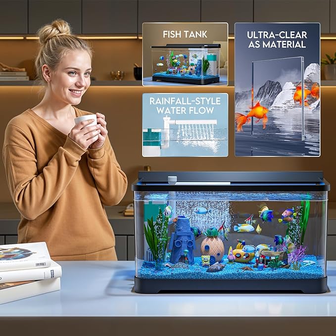 LED Aquarium Fish Tank Kit,(Light + Filter + Green Plants + Blue Sand + Pineapple Houses + Shells) Black, 4.5 Gallon