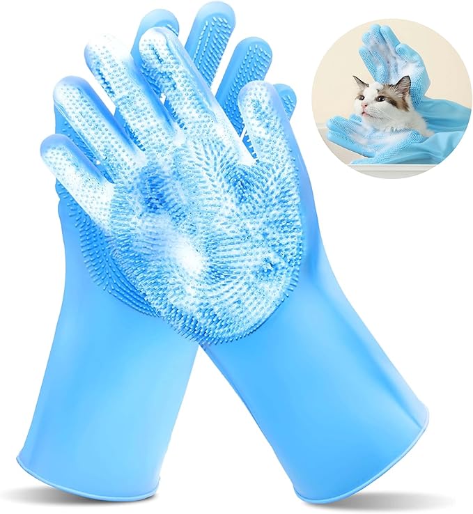 Pet Grooming Gloves,Heat-Resistant Silicone Gloves with High-Density Teeth for Enhanced Massaging and Bathing of Dogs and Cats (Blue, 2 Pair)