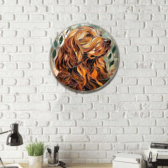 Lygond Metal Sign Tin Sign Circular Stained Glass Dog Funny Gardening Gift for Patio 12×12 Inches