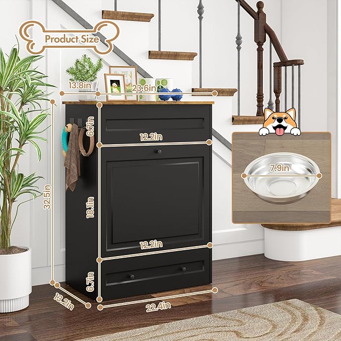 Dog Feeding Station with Storage Cabinet, Hidden Elevated Bowls for Medium & Large Dogs, Dog Food Cabinet Organizer with Hooks for Pet Supplies, Slow Feeder & Stainless Steel Bowls (Black)