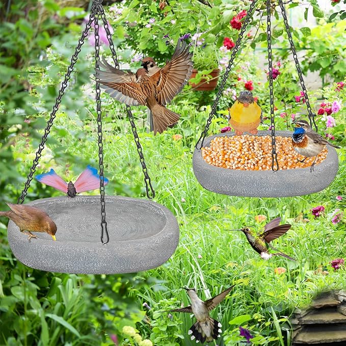 Hanging Bird Bath, Resin Ground Birdbath Feeder Bowl with Vintage Bird Ornament, Garden Birdfeeder Bath for Garden Yard Patio Decor (Ellipses)