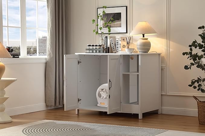 Cat Litter Robot Enclosure,for Placing Litter Robot 3/4,Power Outlet and Dog-Proof Shelf for Litter Robot Cabinet,Litter Collector for Automatic Litter Box Enclosure,Cloud White