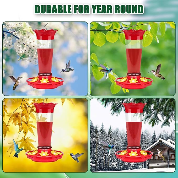 FEED GARDEN 10 OZ Hummingbird Feeders for Outdoors Hanging Ant and Bee Proof, Plastic Humming Birds Feeders for Outside with 5 Feeding Ports, Red Hanging Mount Hummingbird Feeder Easy Clean