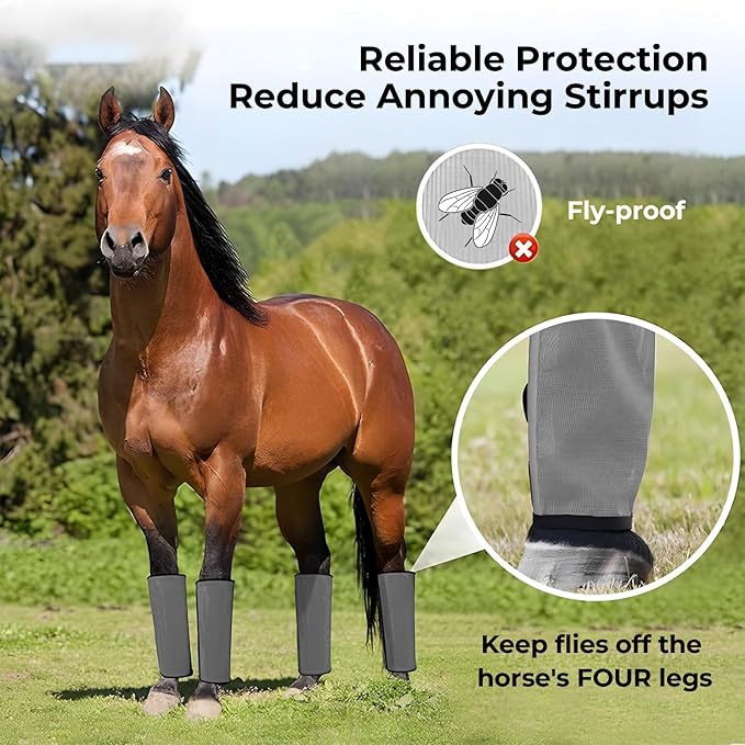 Mesh Horse Fly Boots Set of 4,Adjustable and Universal Loose Fitting & Non-Slip Horse Fly Leggings for Horses,Reduce Stressful Stomping (Grey)