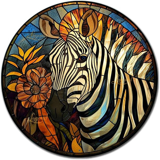 Lygond Metal Sign Tin Sign Circular Stained Glass Zebra Boho Office Decor for Gift 8×8 Inches