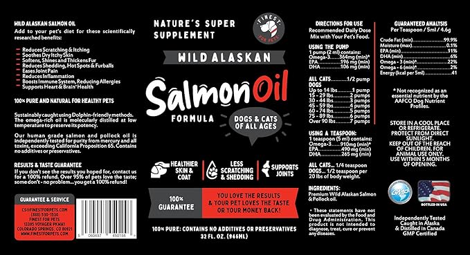 Finest For Pets Wild Alaskan Salmon Oil for Dogs & Cats - Omega 3 Fish Oil with Pollock & Salmon for Sensitive Skin & Coat Health. EPA & DHA Ease Itching, Supports Joint, Immune & Heart Health (32oz)