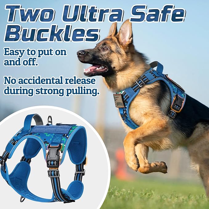 rabbitgoo Tactical Dog Harness for Small Dogs, No Pull Military Service Vest with Handle & Molle, Easy Control for Training Walking, Adjustable Reflective Straps, Blue Camo, S