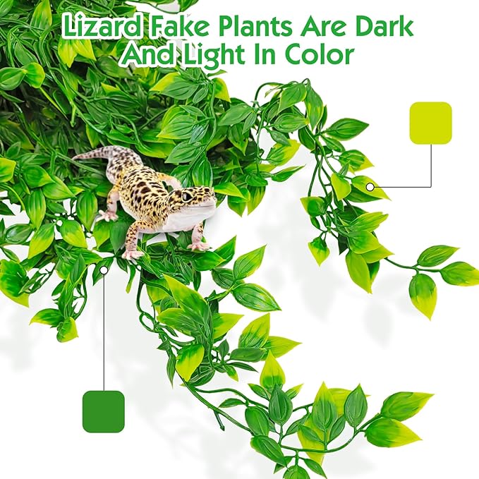 Hamiledyi Reptile Plants, 2 Pack Hanging Terrarium Plants Vines, Fake Amphibian Plants, Artificial Leaves Habitat Decorations with Suction Cup for Bearded Dragon Lizard Geckos Chameleon