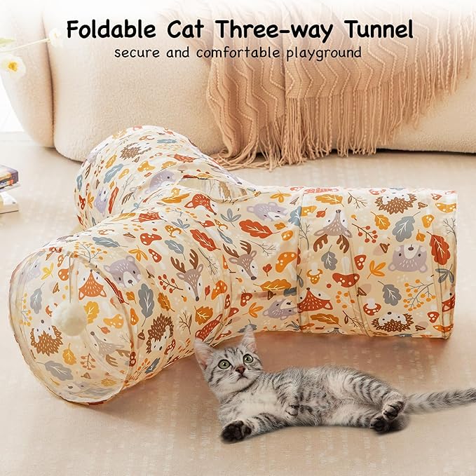 Tempcore Pet Cat Tunnel Tube Cat Toys 3 Way Collapsible, Cat Tunnels for Indoor Cats,Kitty Tunnel Bored Pet Toys Peek Hole Toy Ball Puppy, Kitty, Kitten, Rabbit Beige Deer