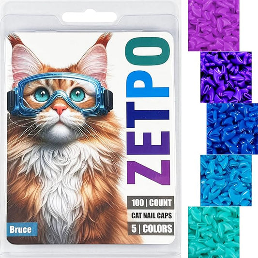 zetpo 100 pcs Cat Nail Caps | Cat Claw Covers | with Adhesives and Applicators (M, Purple, Violet, Blue, Sky Blue, Turquoise)