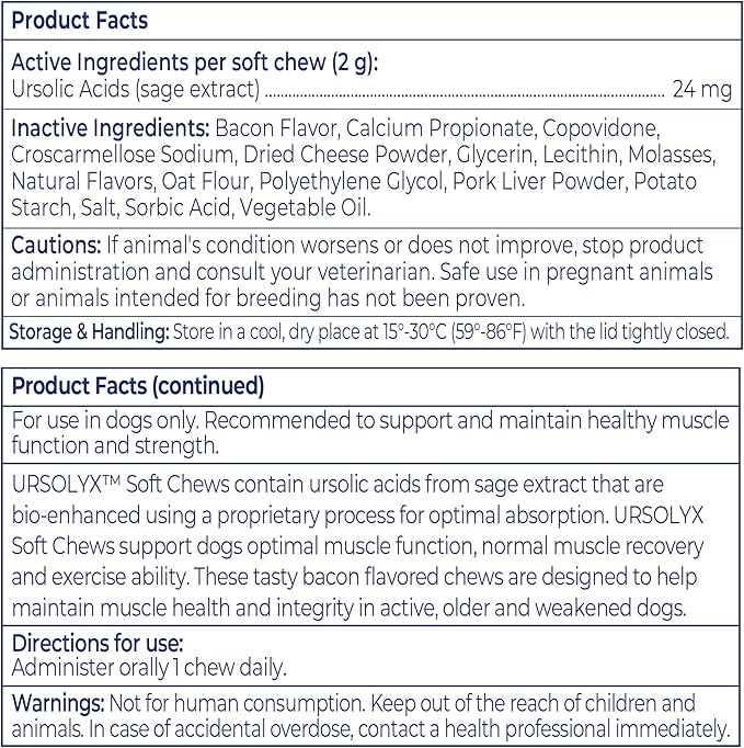 Virbac URSOLYX Soft Chews for Dogs | Muscle Health Support for Senior, Active or Recovering Dogs, Small | 60 Count 2- Month Supply