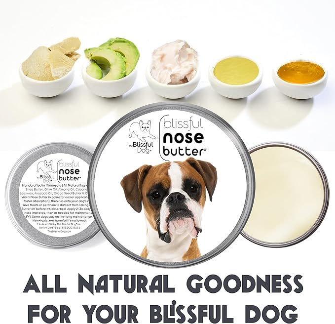 The Blissful Dog Fawn Boxer Nose Butter for Dry, Cracked Skin, Lick-Safe Dog Nose Balm with Moisturizing Shea Butter, Almond, Olive, and Essential Oils, Pet Supplies, Uncented, 8 oz.