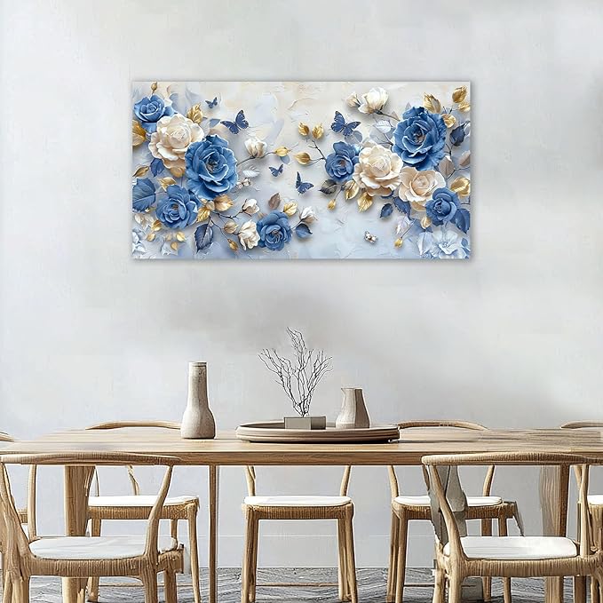 Large Flower Wall Art Canvas Living Room Floral Pictures Framed Prints Oversize Wall Decor Blue Butterfly Painting for Bedroom Dining Office Home 60"x30"