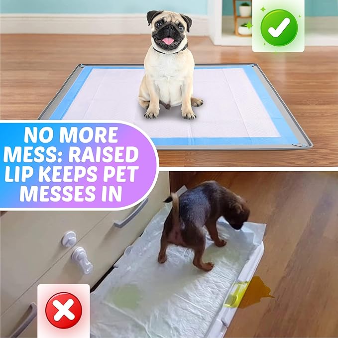 TidyFriend Dog Pee Pad Holder Tray Fits for 28” x 34” Pee Pads with Corner Lock Holes, Raised Edges, Non-Spill, Easy to Clean Silicone Dog Potty Tray Holder, for Indoor Floor Protection (Light Grey)