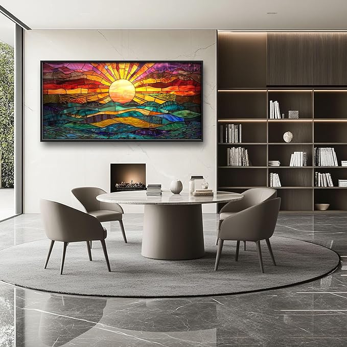 Quorin Boho Sun Large Wall Art Colorful Pictures Abstract Geometric Sun Sunset Sea Wall Decor Modern Canvas Print Painting Artwork for Dining Room Living Room Bedroom 60L x 30W