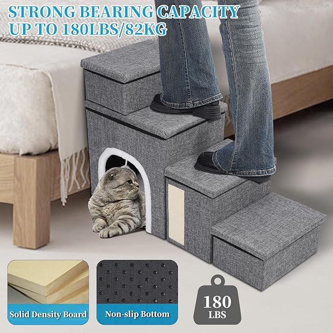 Dog Stairs for Bed and Couch 23โH, Foldable Dog Stairs for Small Older Dogs, 4 in 1 Adjustable Pet Cat Steps Ramps with Storage, Condo, Cat Scratcher, Hold Up to 180LBS, 4 Steps