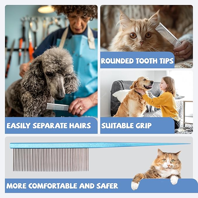 Grooming Pet Comb Rat Tail Dematting Cat and Dog Comb,Rounded Ends Design for Safe Tangle Removal, Hairstyling, Massage,Loose Hair Removal,Prevent Irritation,Fluffing Paws,Face,Tail,Remove Tear Stain