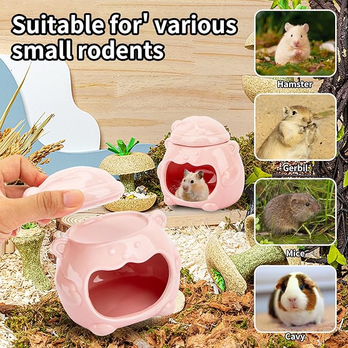3-in-1 Bear Shaped Ceramic Hamster House - Cool House for Syrian Dwarf Hamsters, Mice, Gerbils, Small Pets, Top for Hamster Food, Removable Lid for Ice Packs, Cute Cool Hideout for Summer(Pink)