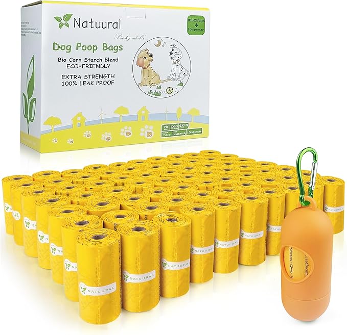 Poop Bags for Dogs-1050 Counts, 70 Rolls With a Free Dispensers, Biodegradable Poop Bags Made of Cornstarch, Size: 9x13 Inch, Extra Thick Strong and 100% Leak Proof (Yellow)