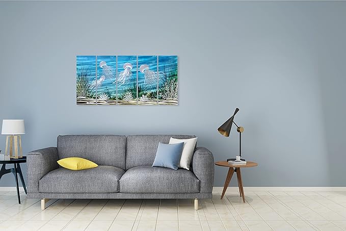 SYGALLERIER Coastal Metal Wall Art Handcrafted 3D Jelly Fish Aluminum Artwork Modern Sea World Pictures Contemporary Abstract Sculpture for Living Room Bedroom Bathroom Decor