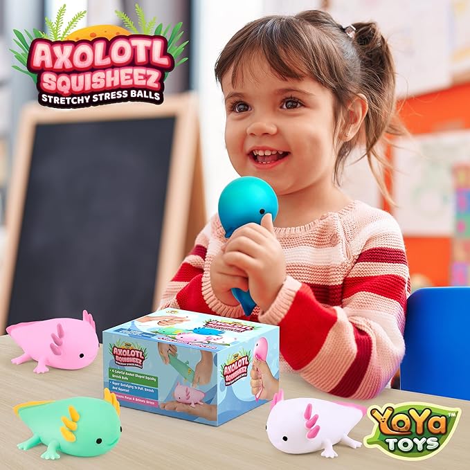 YoYa Toys Squisheez Axolotl 4Pack - Mini Squishy Animal Toys for Stress Relief - Fun and Cute Toys for Kids and Adults - Kawaii Squishies in Pink, White, Green, and Blue