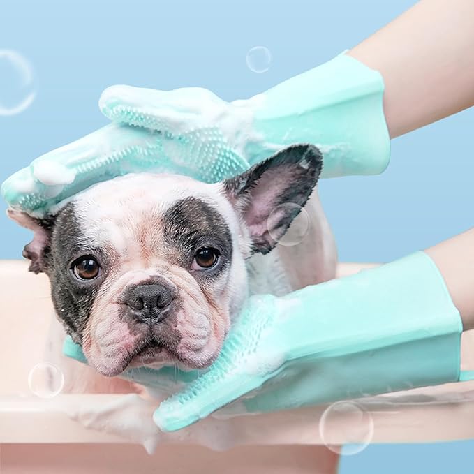 Pet Grooming Gloves,Heat-Resistant Silicone Gloves with High-Density Teeth for Enhanced Massaging and Bathing of Dogs and Cats (Green, 2 Pair)