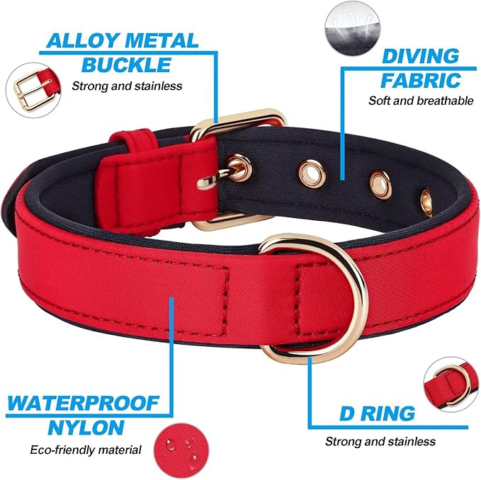Didog Soft Padded Dog Collars for Medium Dogs, Lightweight and Breathable Dog Collar with Metal Buckle, Red, L