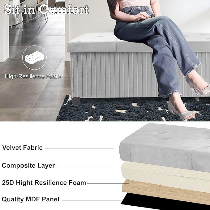 Storage Ottoman Bench, 43 Inch Foldable Ottoman with Legs, Velvet Foot Rest Stool, End of Bed Bench, Storage Chest for Living Room, Bedroom (Grey)