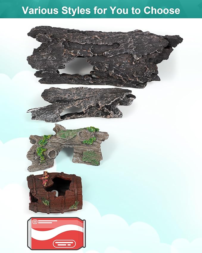 TRUVIC Fish Tank Decorations - Aquarium Cave Decor, Resin Hollow Tree Trunk Reptile Hide & Betta Log Hideout for 20 Gallon Tank, Fish Accessories Shelter Cave