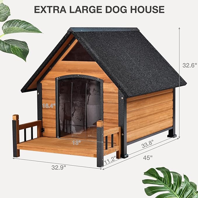 Large Dog House Outdoor Indoor All-Around Iron Frame Design Dog House with Porch&Raised Feet for Small Medium Large Dogs(Brown)