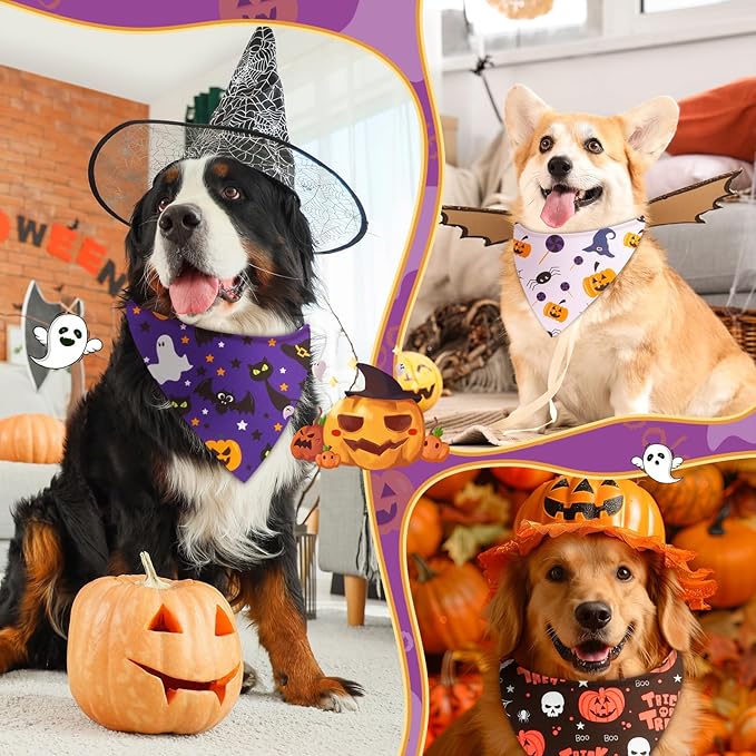 Preboun 100 Pcs Halloween Dog Bandanas Bulk Pumpkin Ghost Bandanas for Dogs Colorful Triangle Kerchief Bibs Scarf Set for Pet Costume Photo Props Accessories Pet Shops Adoption Events, 25 Styles