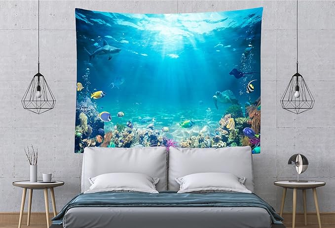 Loccor Underwater World Tapestry Blue Ocean Wall Hanging Under the Sea Coral Reef Wall Tapestry 236x118 Inches Tropical Fish Tank Undersea Tapestries Marine Wall Art for Bedroom Living Room Dorm Decor