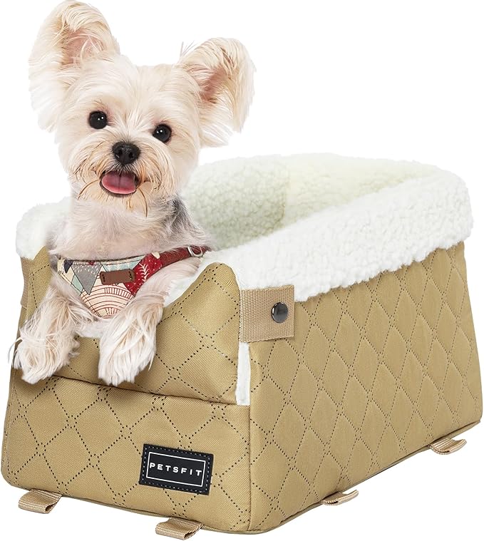 PETSFIT Dog Car Seats for Small Dogs with Safe Protection Hooks, Small Dog Car Seat with Upgraded Safety Tethers, Washable Cushion, Center Console Dog Car Seat (Yellow)