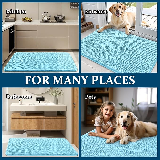 OLANLY Dog Door Mat for Muddy Paws 36x24, Absorbs Moisture and Dirt, Absorbent Non-Slip Washable Doormat, Quick Dry Chenille Mud Mat for Dogs, Entry Indoor Entryway Carpet for Inside Floor, Blue