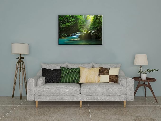 Silent Summer Forest Landscape Stretched Canvas Wall Art for Living Room Home, Bright Sun Shine on Stream Scenery Picture Print Artwork Decoration Painting Decor, Gallery Wrapped, Inner Frame (24x36)