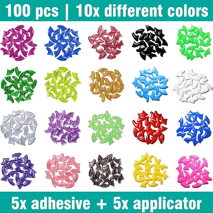10x Colors / 100 pcs Cat Nail Caps | Cat Claw Covers with Adhesives and Applicators | Alpha (S)