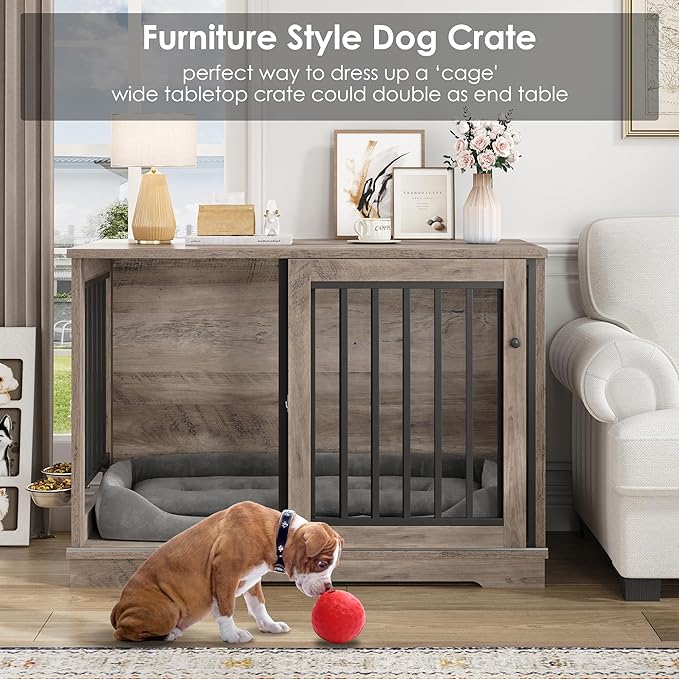 Dog Crate Furniture 47” Large Dog Kennel for Dogs Indoor, Heavy Duty Dog Cage with Sliding Door and 2 SUS Bowls Wooden End Table in Living Room for Small Medium Large Dogs, Rustic