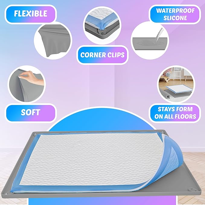 TidyFriend Dog Pee Pad Holder Tray Fits for 28” x 34” Pee Pads with Corner Lock Holes, Raised Edges, Non-Spill, Easy to Clean Silicone Dog Potty Tray Holder, for Indoor Floor Protection (Light Grey)