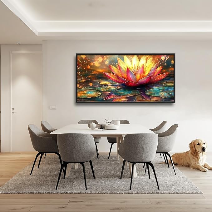 Framed Large Lotus Wall Art for Living Room, Oversized Lotus Flower Wall Decor Zen Golden Floral Canvas Painting Modern Artwork Home Decoration for Living Room Bedroom Office 60"x30"